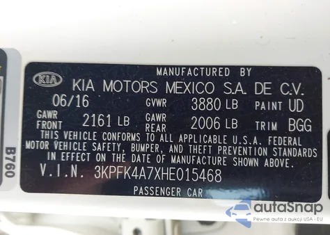 2017 Kia Forte Lx z USA, uszkodzony, nr VIN 3KPFK4A7XHE015468